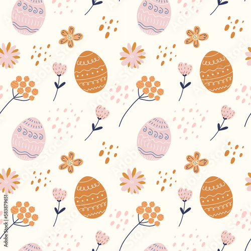 Seamless pattern with flowers and easter eggs on pastel yellow background. Vector illustration.