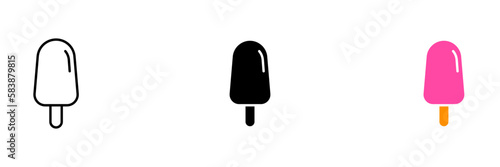 A popsicle with a colorful ice cream on a stick. Vector set of icons in line, black and colorful styles isolated.