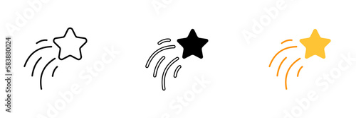 An illustration of a shooting star, a celestial event that is often associated with making wishes or good luck. Vector set of icons in line, black and colorful styles isolated.