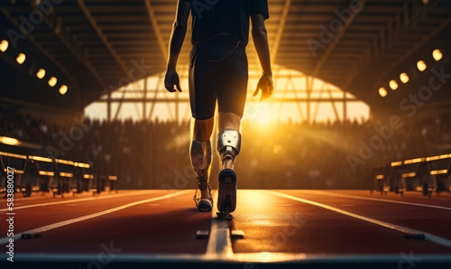 Rear view of a sportsman on a racing track. Runner with prosthetic legs, waiting for a signal. Low angle view. Blurred backdrop. Generative AI.