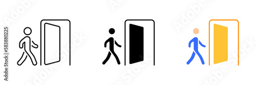 A vector illustration of a person walking towards an exit sign. Vector set of icons in line, black and colorful styles isolated.