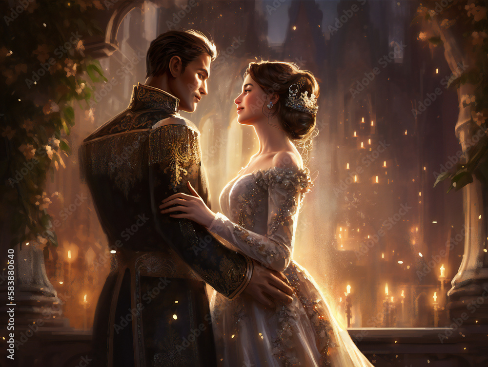 storybook prince and princess, romantic royal couple illustration ...