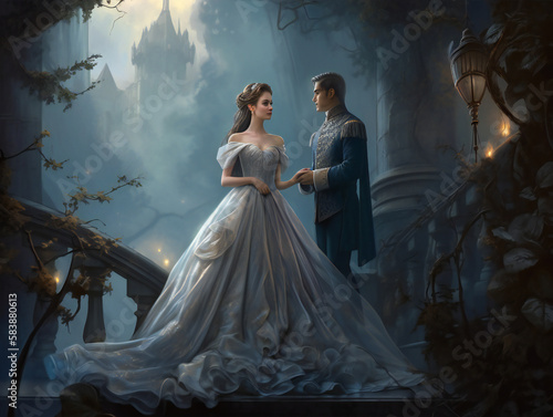 Tela majestic prince and princess portrait, fairy tale inspired couple illustration,