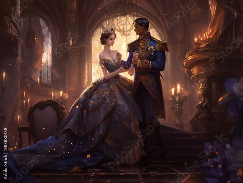 prince and princess in magical kingdom, exquisite fairy tale love story illustration, generative AI