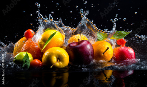 Yummy fresh fruit in the splashes of clean water. Bright healthy products concept. Black backdrop. Close up. Generative AI.
