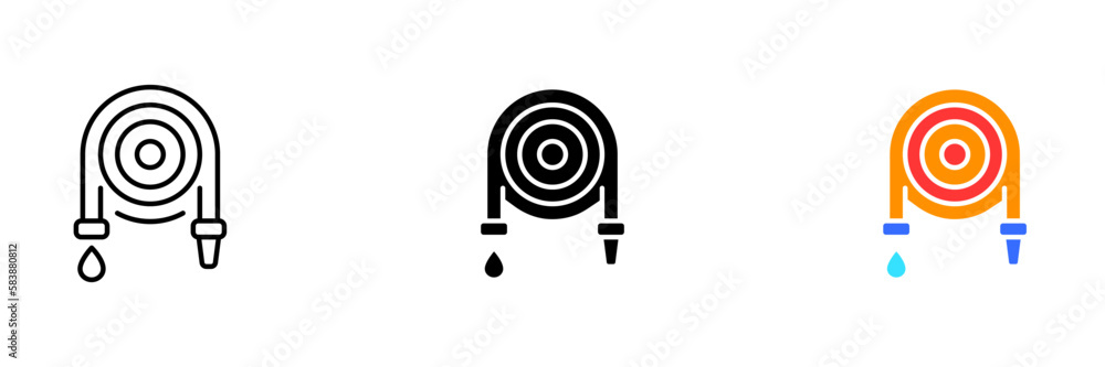 An illustration of a coiled fire hose, a vital tool used by firefighters to deliver water to extinguish fires. Vector set of icons in line, black and colorful styles isolated. An illustration of a coiled fire hose, a vital tool used by firefighters to deliver water to extinguish fires. Vector set of icons in line, black and colorful styles isolated.