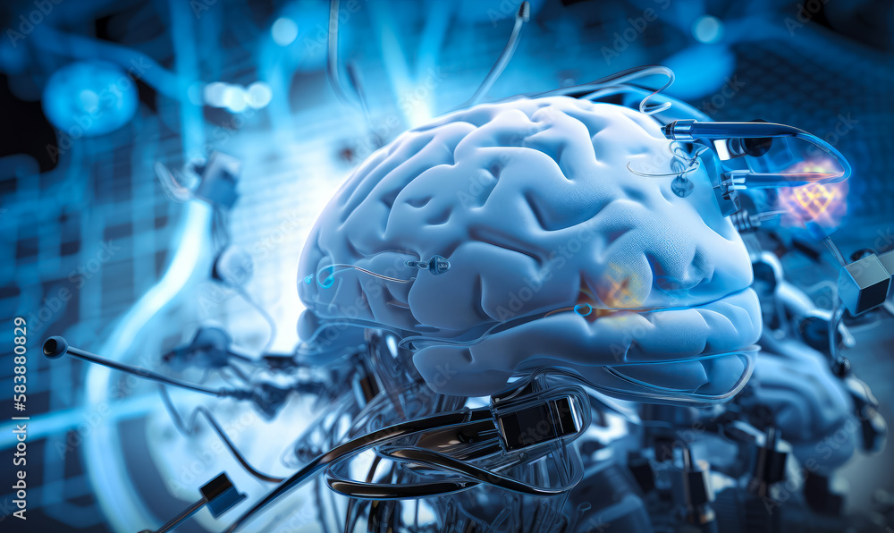 Human brain with wires connected to it. Conceptual of artificial ...
