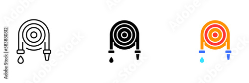 An illustration of a coiled fire hose, a vital tool used by firefighters to deliver water to extinguish fires. Vector set of icons in line, black and colorful styles isolated.