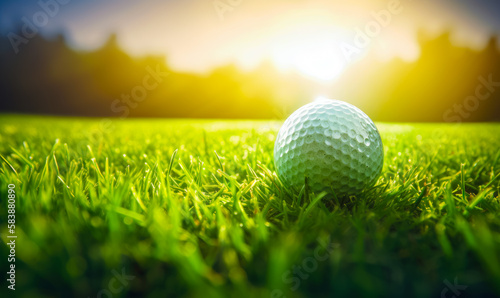 White golf ball on the green grass. Game pitch lit with sun. Blurred backdrop. Generative AI.
