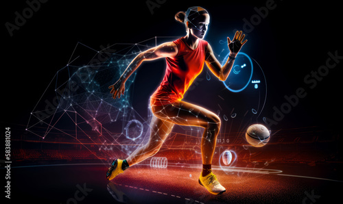 Sportswoman, athlete running by the track. Female runner in the futuristic hologram. Black backdrop. Generative AI.