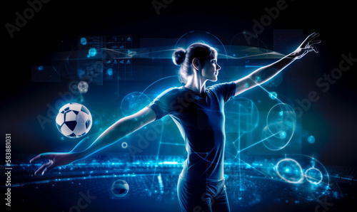 Fitness lady exercising in the futuristic hologram lines. Football balls and neon circles around. Black backdrop. Generative AI. © Vadim
