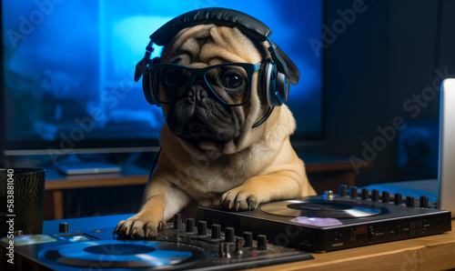Adorable dj pug wearing glasses. Cute dog playing music. Generative AI.