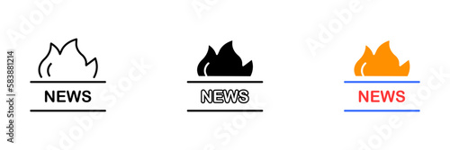 An illustration of flames with the word NEWS overlaid, representing breaking news or urgent information. Vector set of icons in line, black and colorful styles isolated.