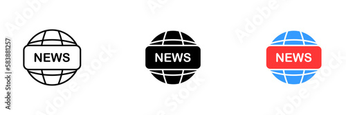 An illustration of a planet with the word NEWS overlaid, representing global news or world events. Vector set of icons in line, black and colorful styles isolated.