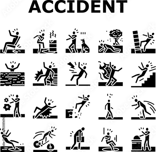 accident injury safety man risk icons set vector