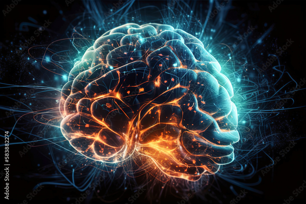 Brain with different areas illuminated and with light rays connecting ...