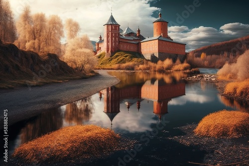 Russia's stunning Kamenka River and the wall of the Saint Euthymius Monastery. Generative AI photo