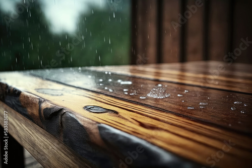 Large drops of rain on the wooden table of a tropical bungalow. Downpour in the jungle. Mockup template for product presentation. Photorealistic drawing generated by AI.
