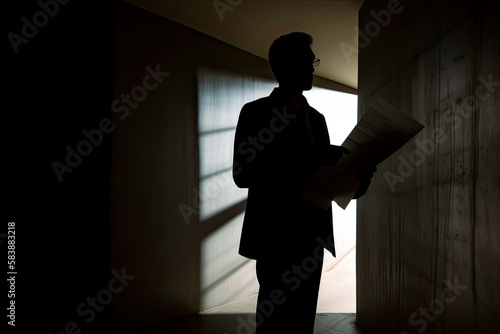 Businessman silhouette holding papers. - Executive, contract, agreement, professional, corporate, career, success, leadership, decision.