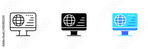 A monitor with a planet sign on it. Vector set of icons in line  black and colorful styles isolated.