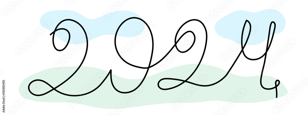 2024 one line lettering, hand drawn continuous path with clouds and tender grass. 2024 one line lettering, hand drawn continuous path with clouds and tender grass.