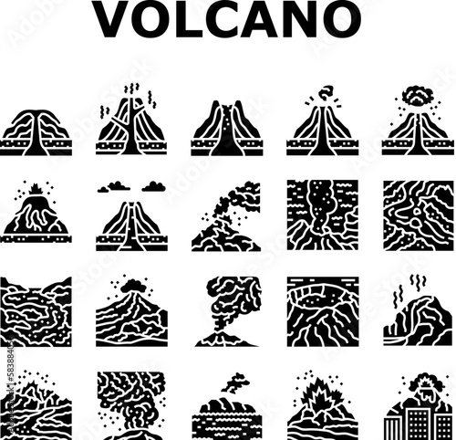 volcano lava eruption nature icons set vector