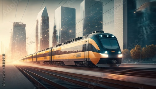 Electric passenger train drives at high speed  generative ai