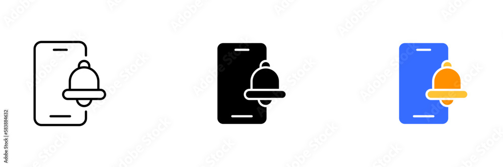 A smartphone with an alarm clock icon displayed on the screen. The phone is shown in a flat design. Vector set of icons in line, black and colorful styles isolated. A smartphone with an alarm clock icon displayed on the screen. The phone is shown in a flat design. Vector set of icons in line, black and colorful styles isolated.
