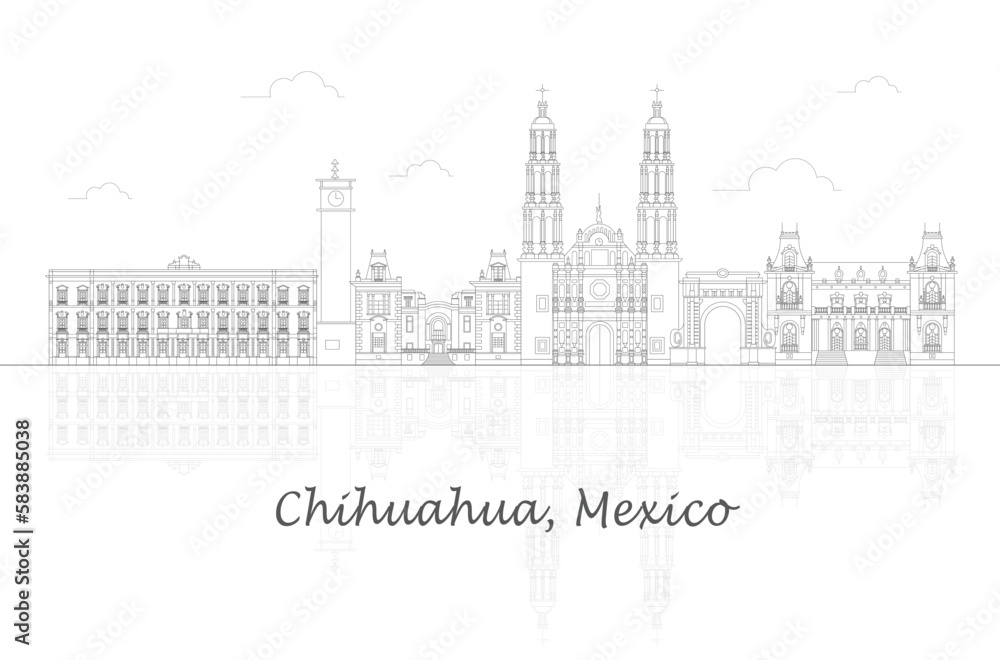 Outline Skyline panorama of city of Chihuahua, Mexico - vector illustration