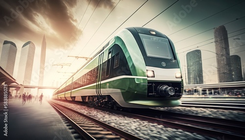 Electric passenger train drives at high speed, generative ai