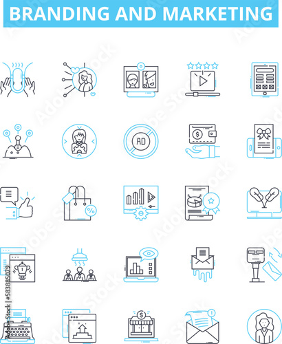 Branding and marketing vector line icons set. Branding, marketing, advertising, promotion, visibility, awareness, storytelling illustration outline concept symbols and signs