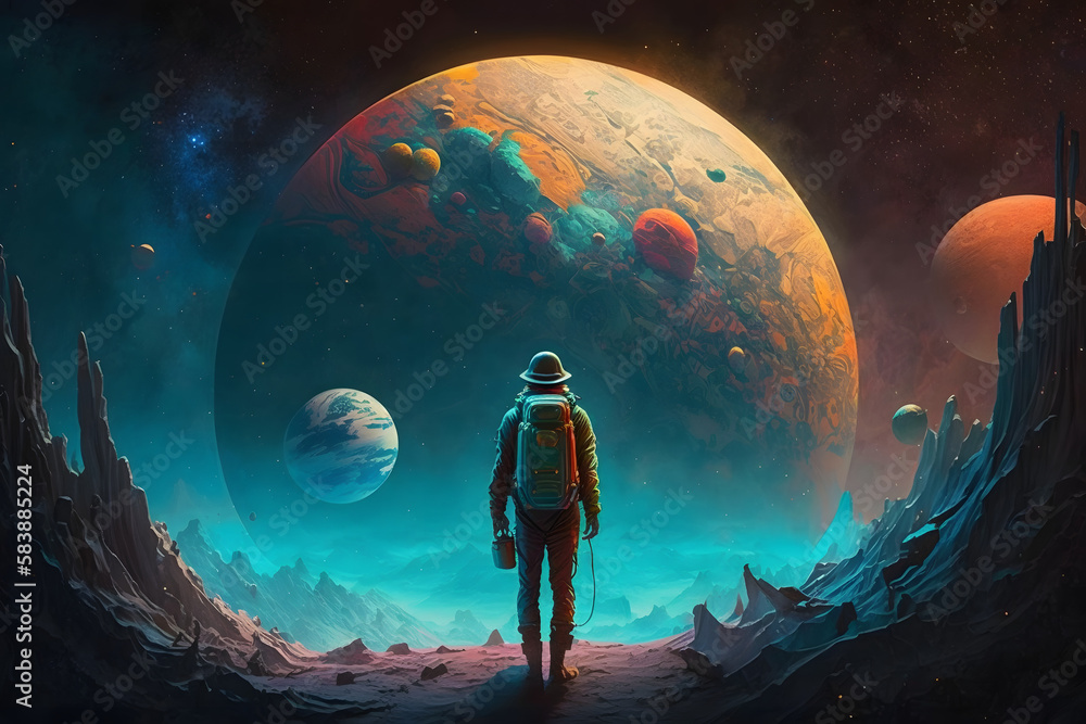 A person looks at a fantastic amazing planet from virtual reality. Generative AI A person looks at a fantastic amazing planet from virtual reality. Generative AI