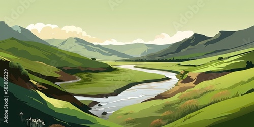 A mountain landscape and river flow through green fields in an artistic vector image, Generative AI