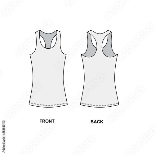 Outline drawing of sports jersey, vector. Women's t-shirt template front and back view. Knitted T-shirt with crew neck, vector.