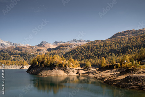 Aerial view of Devero Lake, during autumn, Northern Italy