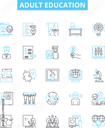 Adult education vector line icons set. Adult, Education, Learning, Instruction, Training, Literacy, Courses illustration outline concept symbols and signs