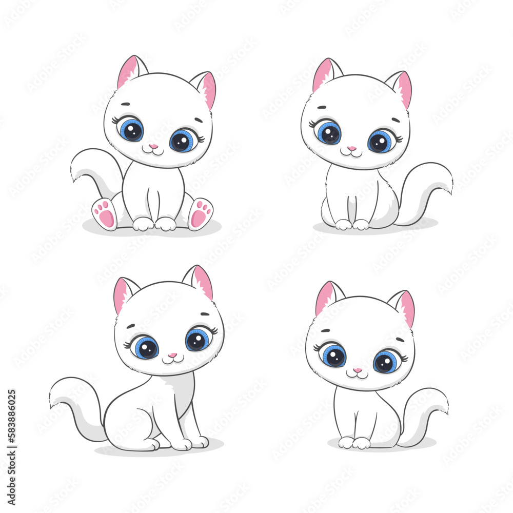 Set of Cute white kittens. Vector illustration for baby shower, greeting card, party invitation, fashion clothes t-shirt print. Set of Cute white kittens. Vector illustration for baby shower, greeting card, party invitation, fashion clothes t-shirt print.