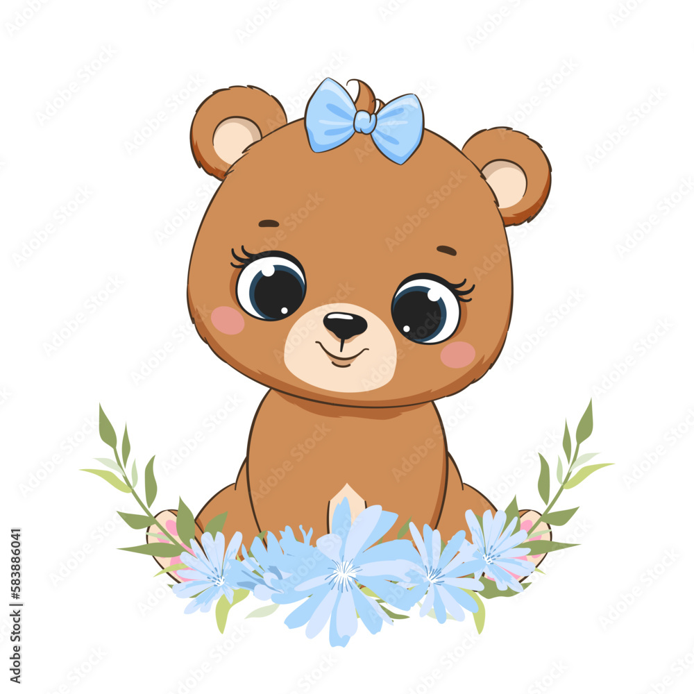 Cute baby girl bear with flowers and bow. vector illustration in cartoon style. Cute baby girl bear with flowers and bow. vector illustration in cartoon style.