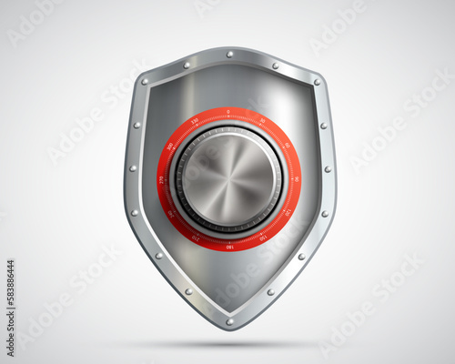 Metal safe as a shield with a coded wheel lock.