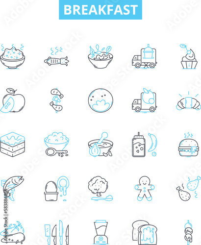 Breakfast vector line icons set. Eggs, Toast, Oatmeal, Pancakes, Cereal, Bacon, Sausage illustration outline concept symbols and signs