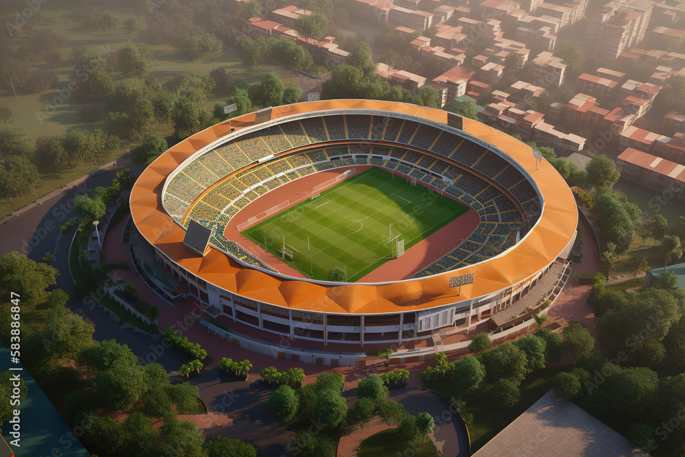 Aerial view of a stadium with grass field. Football arena. Soccer