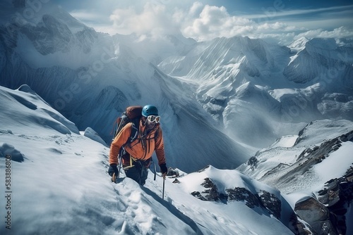 Climber Navigating Annapurna, Skillful Use of Ice Axe, Crampons, Breathtaking Himalayas, Generative AI