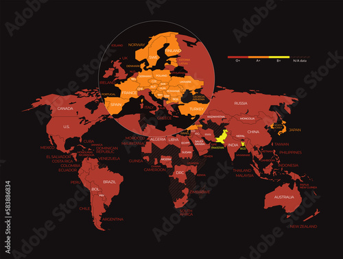 Blood types around the world, illustration