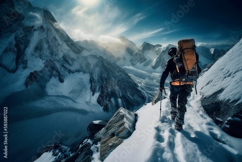 Climber Navigating Annapurna, Skillful Use of Ice Axe, Crampons, Breathtaking Himalayas, Generative AI