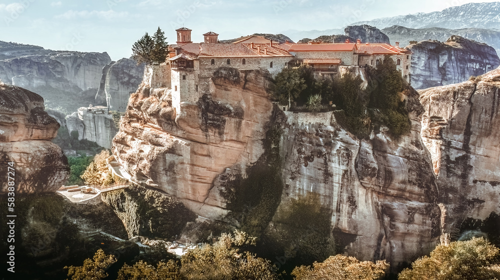 The unique Holy Meteora Monasteries near Kalambaka village Thessaly Greece alternative tourism .