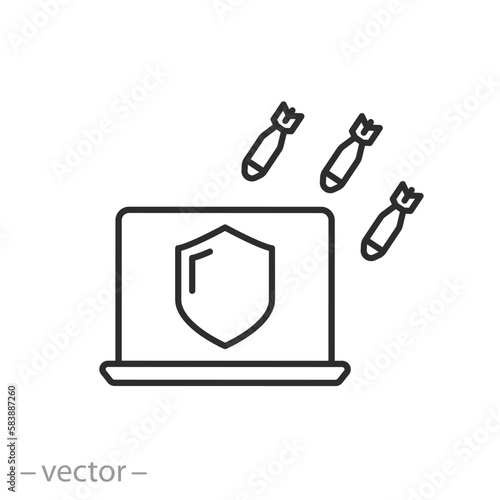 protection against ddos attacks icon, malware protect, computer with shield, thin line symbol on white background - editable stroke vector illustration eps10