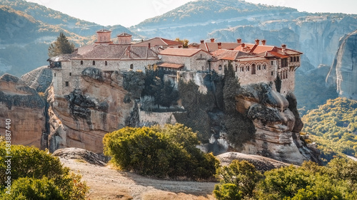 The unique Holy Meteora Monasteries near Kalambaka village Thessaly Greece alternative tourism .