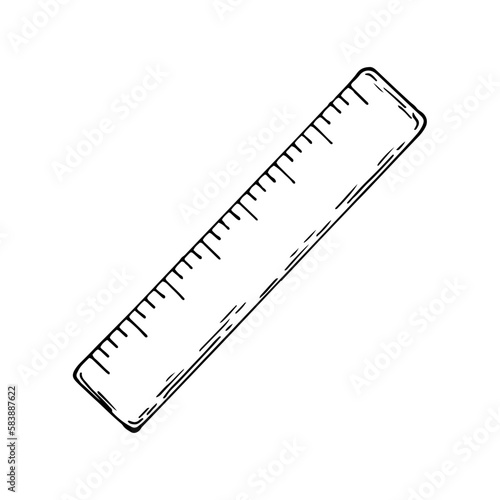 School ruler line art. Stationery tool for measuring length. Hand drawn doodle vector illustration.