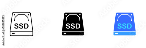 An illustration of a solid-state drive SSD disk, representing fast and reliable data storage for modern computer systems. Vector set of icons in line, black and colorful styles isolated.