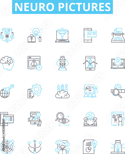 Neuro pictures vector line icons set. Neuroimage, Neurography, Brain, MRI, CT, fMRI, PET illustration outline concept symbols and signs
